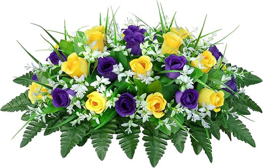 Artificial Cemetery Flowers Saddle-Shaped Tombstone Decorations Non-Fading UV-Resistant（ Yellow+Purple Saddle）