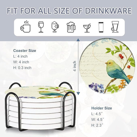Coaster for Drinks Set of 6, Vintage Watercolor Bird Flower Absorbing Round Ceramic Stone Coaster with Cork Base,Tabletop Protection Mat for Mugs and Cups,Coffee Table Wine Glass Home Bar 4 Inch
