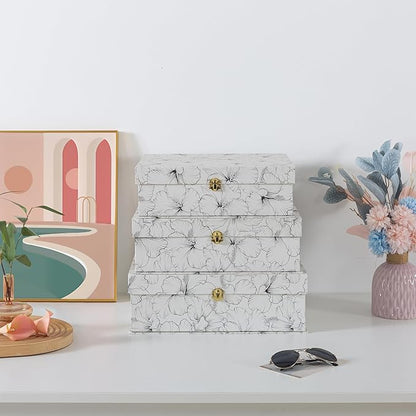 Soul & Lane Black and White Floral Cardboard Decorative Storage Boxes with Gold Hardware - Set of 3, Hibiscus Harmony - Stacking Boxes with Lids for Home Decor and Organizing, Elegant Design