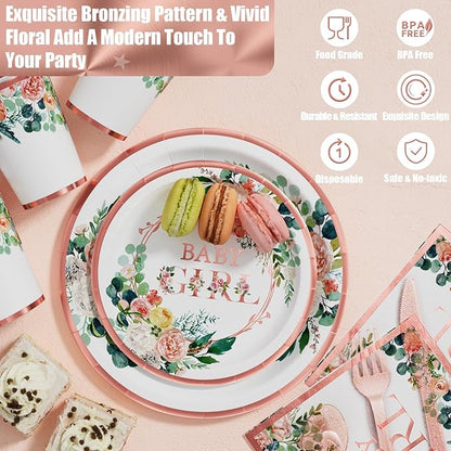 Ecomore Baby Shower Decorations for Girl - 249 PCS Baby Girl Gender Reveal Party Supplies & Disposable Dinnerware Set (25 Guest) with Pink Rose Gold Floral Paper Plates Backdrop Tablecloth Balloon Kit