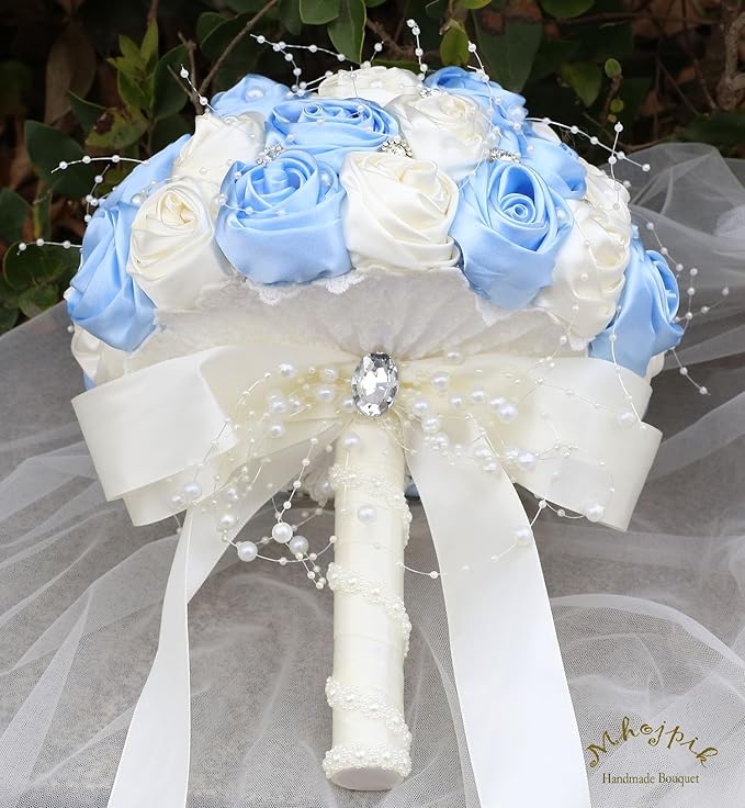 Bridal Wedding Bouquet Round Bling Brooch Bouquet Throw Toss Artificial Rose Flower Bunch for Bride Bridesmaid Wedding Quinceanera(Light Blue & Ivory, 6.3")