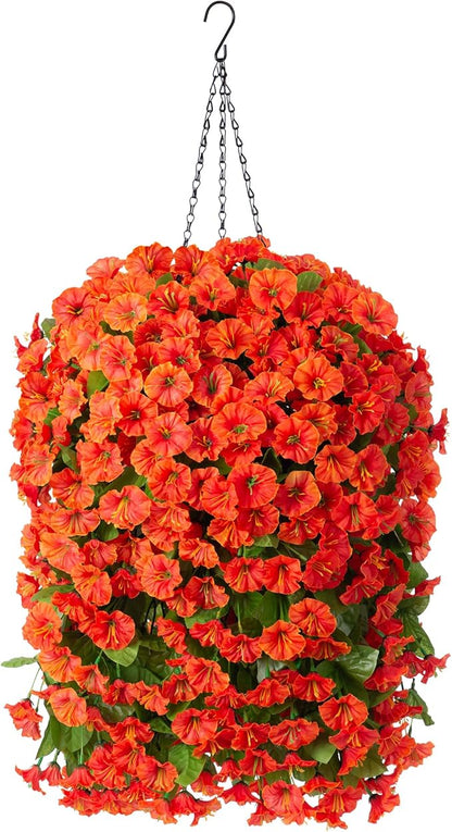 HyeFlora Artificial Fake Hanging Flowers Plants Baskets for Outdoor Decoration, Faux Silk Orange Morning Glory in Planter UV Resistant Look Real for Home Porch Patio Balcony Yard Decor