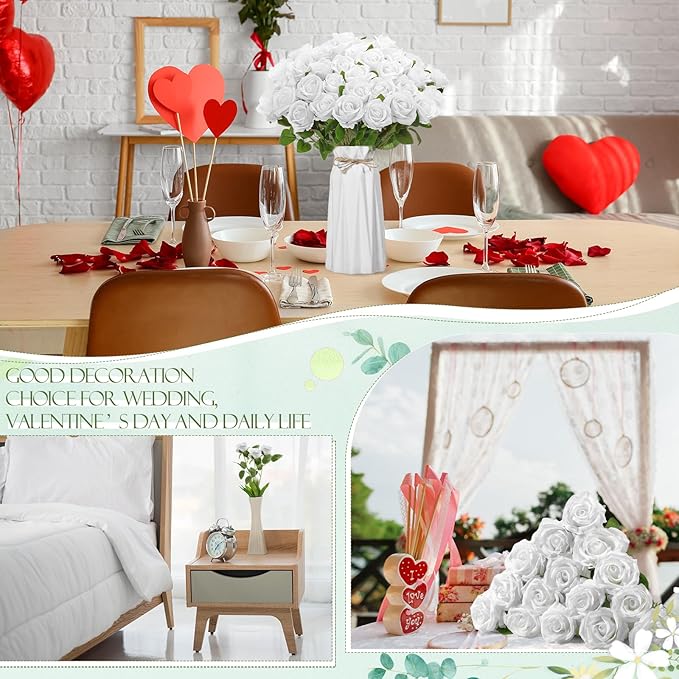 Hotop 20 Pcs Artificial Rose Flowers with Long Stem,Real Touch Silk Realistic Plastic Bouquet Roses Bulk for Home Decor Bridal Wedding Party Table Centerpieces Decorations(Pure White)