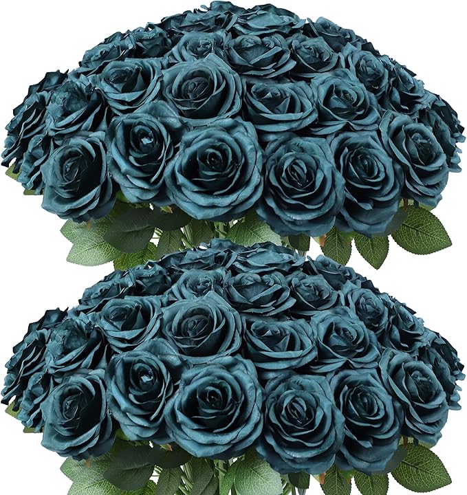 50pcs Artificial Rose Flower Dark Green Rose Emerald Green Flower with Long Stem Silk Roses Bouquet for Wedding Bridal Shower Party Home Decoration