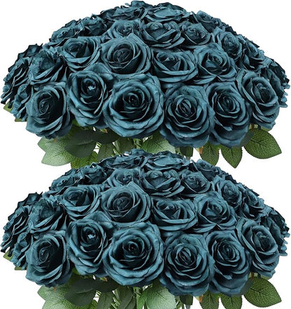 50pcs Artificial Rose Flower Dark Green Rose Emerald Green Flower with Long Stem Silk Roses Bouquet for Wedding Bridal Shower Party Home Decoration