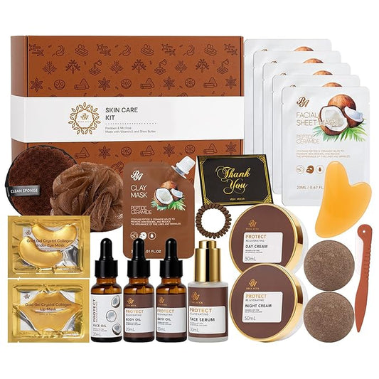 Coconut 23 Pcs Facial Skin Care Kit For Women & Men, Self-Care Gift Set, Spa Relaxation Kit, Face Sheet Mask, Serum, Clay Mask, Birthday, Christmas, Valentines, Mother Day, Dad, All Occasion Present