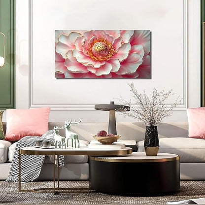 Pink & White Peony Floral Canvas Wall Art with Gold Accents, Abstract Flower Pictures for Living Room Bedroom Wall Decor, Printed Painting Artwork Home Decorations, Size 40x20 Inches - Ready to Hang