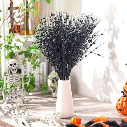 Geosar 30 Pcs Christmas Artificial Glitter Berry Stem Decorations 17 Inch Faux Stick Floral Pick Centerpiece Bouquet Flower Bead Twigs for Centerpiece Tree Wreath Xmas Ornaments Home(Black)