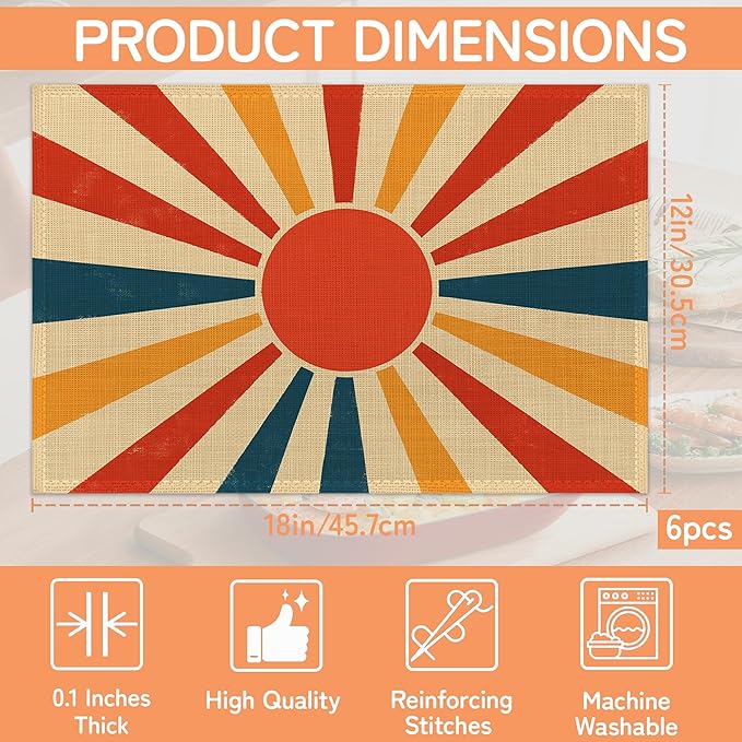 Abstract Sun Placemats Set of 6,Boho Geometric Washable Kitchen Dining Linen Table Mats for Home Party Dinner Indoor Outdoor 12x18Inch