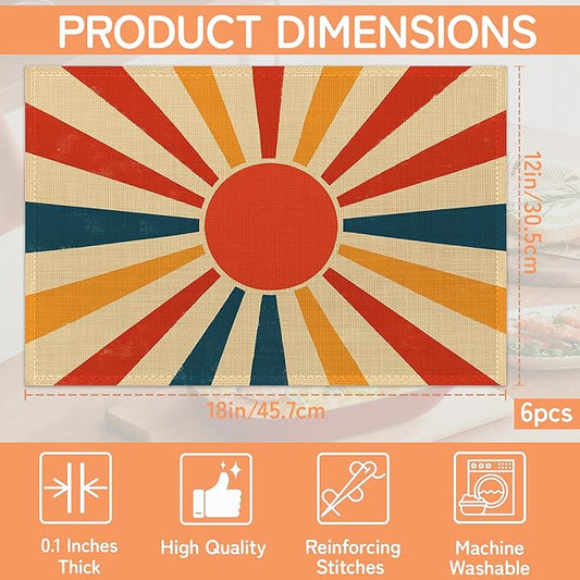 Abstract Sun Placemats Set of 6,Boho Geometric Washable Kitchen Dining Linen Table Mats for Home Party Dinner Indoor Outdoor 12x18Inch