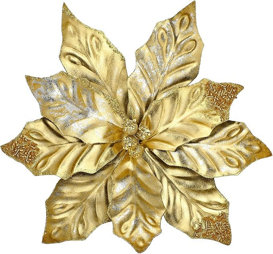 DILATATA 3 Pcs Artificial Christmas Flowers 11 Inch Glitter Poinsettia Picks Christmas Tree Ornaments Topper Decorations Gold Poinsettias Flowers for Xmas New Year Wreath Garland Wedding Party Decor