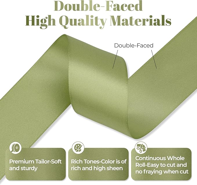 Moss Green Satin Ribbon, Double Faced 1-1/2 Inch X 50 Yards Moss Green Ribbon, Premium Satin Ribbon for Gift Wrapping, Crafts, Hair Bow Making, Sewing, Flower Bouquet, Wedding Party Decor