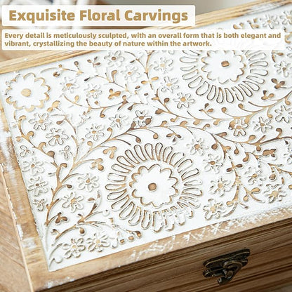 Set of 3 Wood Decorative Boxes, Rustic Farmhouse Keepsake Box Wooden Box with Hinged Lid and Floral Carved Design, Decorative Boxes for Home Decor, Brown