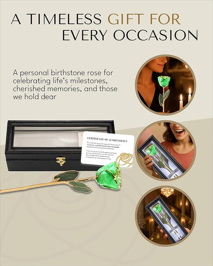 Forever Rose Hand-Dipped in 24K Gold, Peridot-Inspired August Birthstone with Sparkles, Real Rose in Leather Case with LED Light – Perfect Ready to Gift for August Birthday or Any Occasion