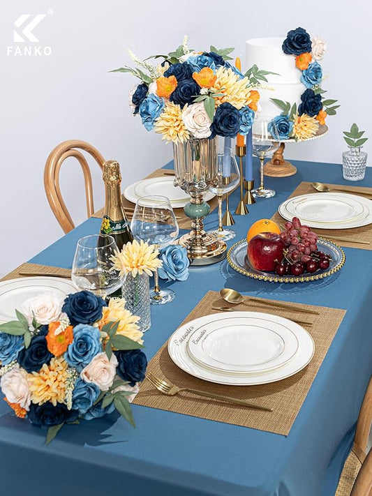 FANKO Artificial Flowers Navy Blue Rose, Mixed Fake Silk Flowers Combo Cream Rose Yellow Chrysanthemum Vintage Assorted Blooms for DIY Wedding Bridal Bouquets/Centerpieces/Home Decor