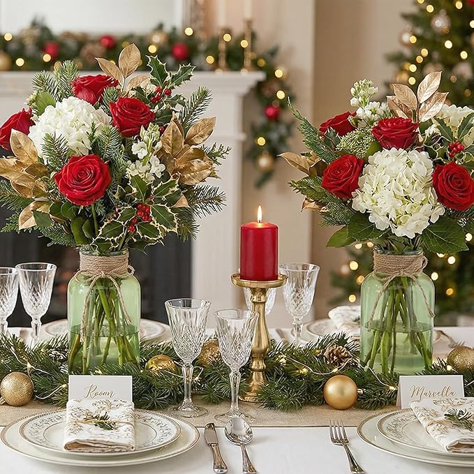 Vintage Glass Flower Vase，12 Pack Green Farmhouse Glass Centerpiece Vases Mason Jars for Weddings, Parties & Home Decor Bulk (12, Green)