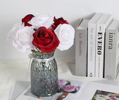 20pcs White Roses Artificial Flowers Fake Roses Real Looking Silk Flowers Bulk Big Faux Roses with Stems for Wedding Centerpieces Table Home Party Decor Bridal Floral Arrangements (White)