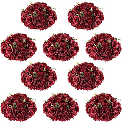 NUPTIO Flower Balls for Wedding Centrepieces - 10 Pcs 15.7 inch Diam Large Burgundy Artificial Flowers Roses Ball Fake Flower Arrangement Bouquet Faux Rose for Wedding Party Centrepiece Decorations