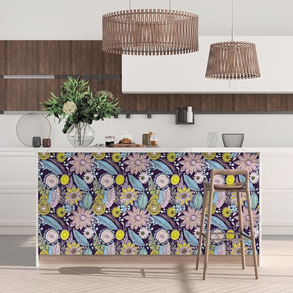 Purple Boho Wallpaper Peel and Stick,Vintage Yellow Floral Contact Paper 17.5" x 393", Botanical Flowers Retro Absract Wall Paper Self Adhesive Removable Waterproof for Walls Shelves Cabinet Table