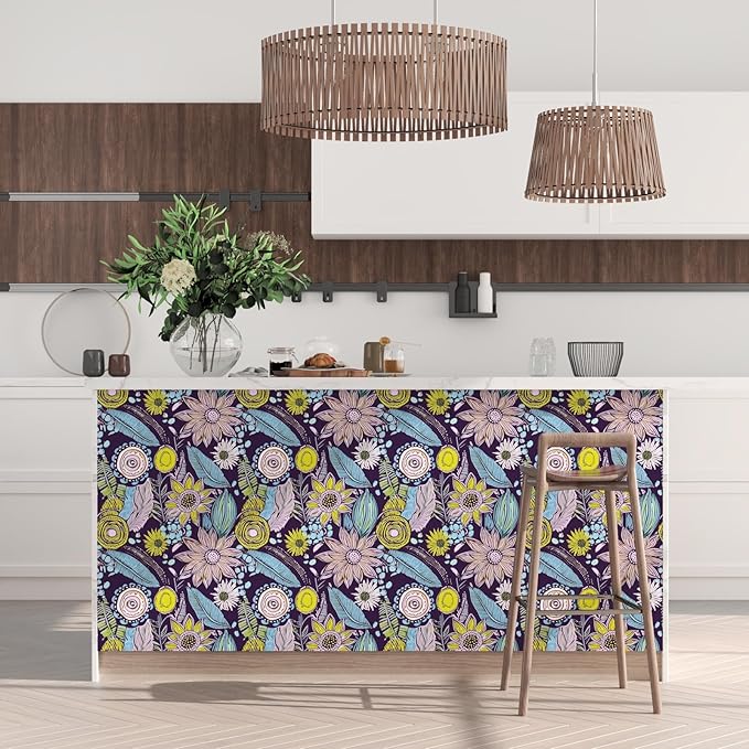 Purple Boho Wallpaper Peel and Stick,Vintage Yellow Floral Contact Paper, Botanical Flowers Retro Bohemia Wall Paper Self Adhesive Removable Waterproof for Walls Shelves Cabinet Table 17.5" x 118"