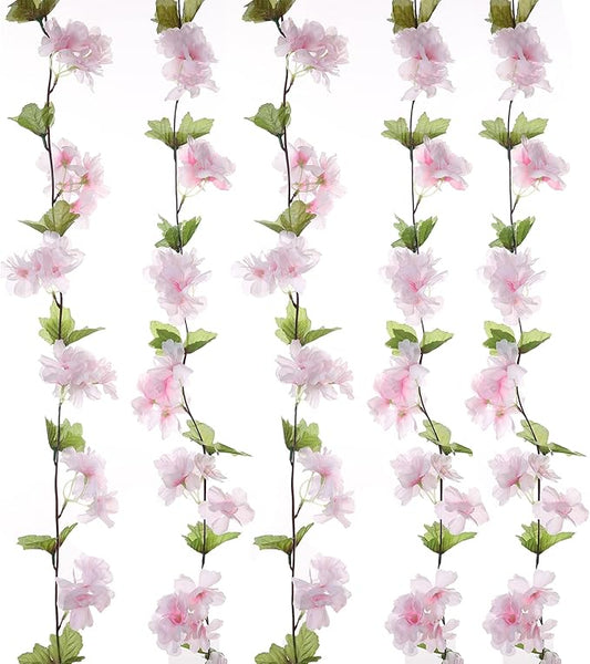2Pcs Artificial Cherry Blossom Flower Garland Silk Fake Hanging Flower Vines for Home Wedding Decoration 7.2FT, Light Pink