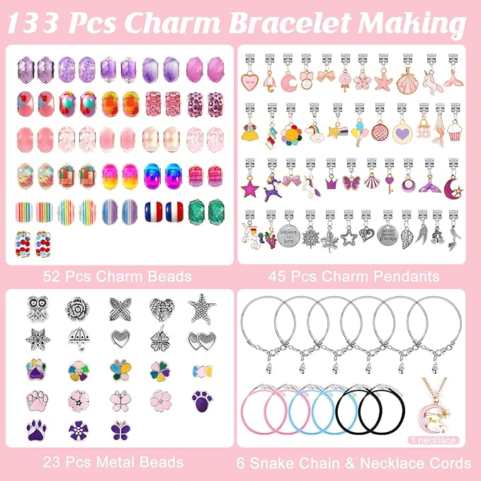 YJK Charm Bracelet Making Kit, 5-12 Year Old Girl Birthday Gifts, 133 Pcs DIY Beaded Jewelry Making Kit with Jewelry Box, Creative Crafts for Girls, Charm Necklace Making kit for Girls (Purple & Pink)