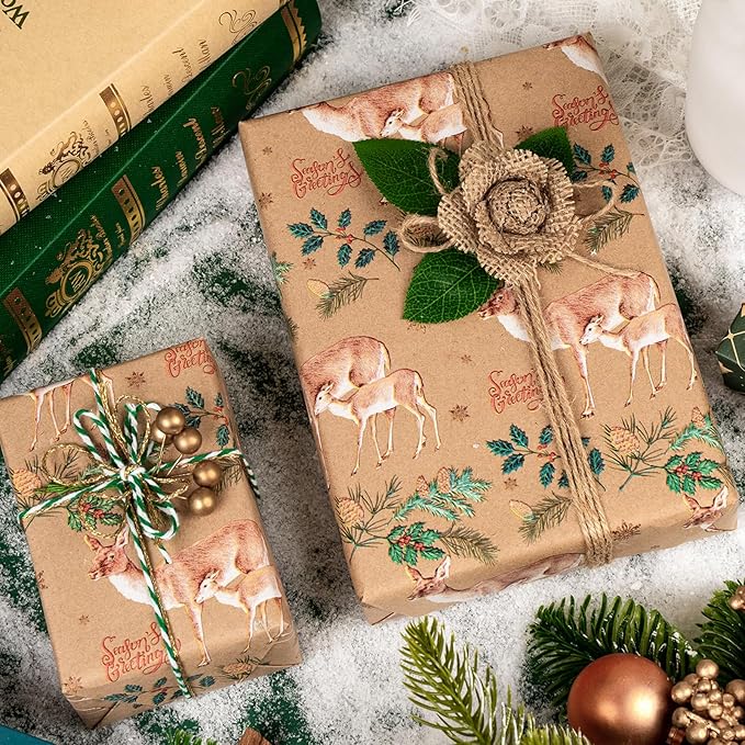 WRAPAHOLIC 30 Inch Jumbo Kraft Christmas Wrapping Paper - 30 Inch x 100 Feet Jumbo Roll Reindeer Wrapping Paper with Holly Design for Christmas, Holiday, Party Celebration