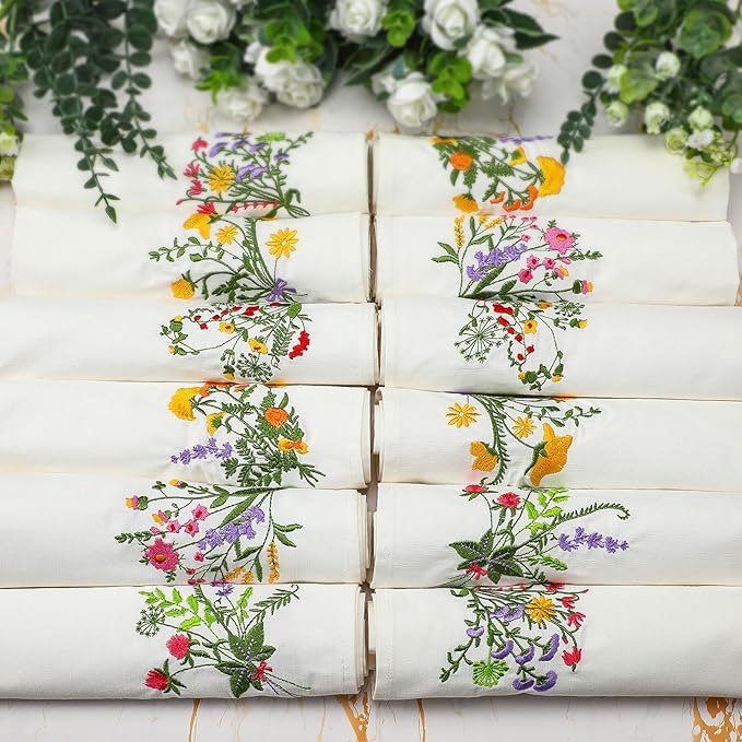 Tioncy 6 Pcs Christmas Floral Cloth Napkins Decorations Bulk Embroidered Wildflower Dinner Napkins Tea Cocktail Party Gifts Xmas Stocking Stuffers for Holiday Table Decor (White)
