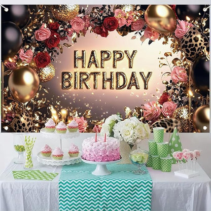 Red and Black Happy Birthday Backdrop Banner Gold Balloons Rose Flowers Leopard Print Party Decorations Photography Background Women Girls Birthday Photo Booth Props 71x43 Inch