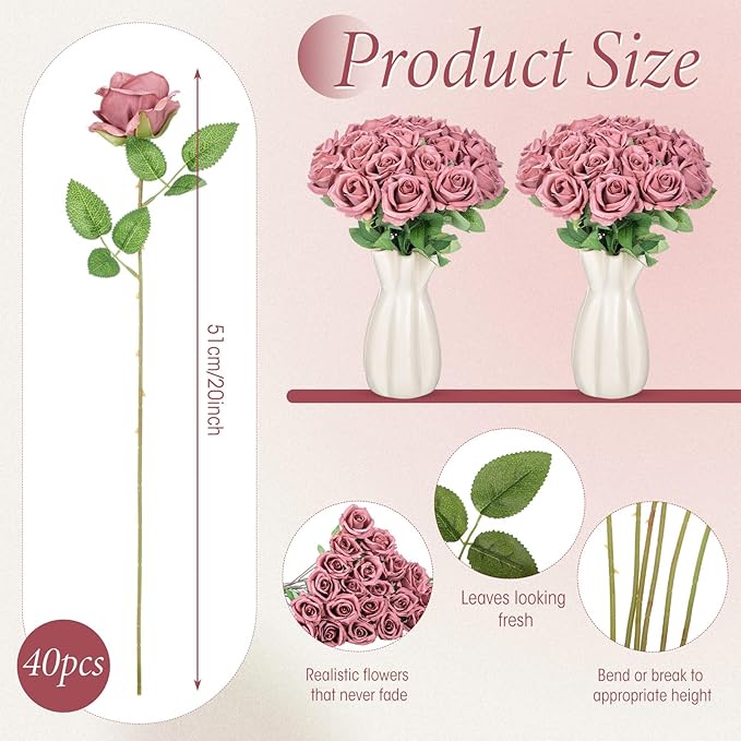 Hotop 40 Pcs Rose Artificial Flowers Bulk with Long Stem,Realistic Silk Fake Roses Bouquet for Home Wedding Centerpieces Party Table Decoration Valentines Gifts(Dusty)