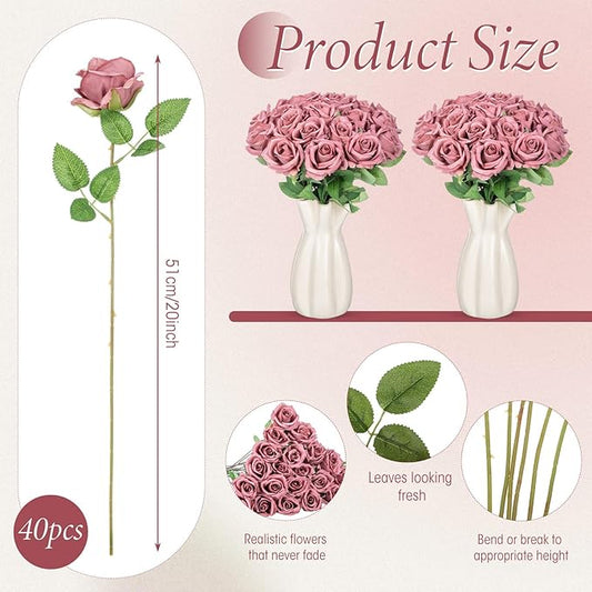 Hotop 40 Pcs Rose Artificial Flowers Bulk with Long Stem,Realistic Silk Fake Roses Bouquet for Home Wedding Centerpieces Party Table Decoration Valentines Gifts(Dusty)