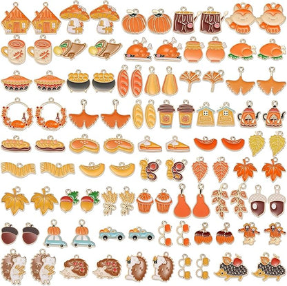 100Pcs 50 Pairs Fall Charms for Jewelry Making and Bracelets, Thanksgiving Autumn Charms Gold Enamel Jewelry Pendants for Earring Bracelet Necklace Crafts Making