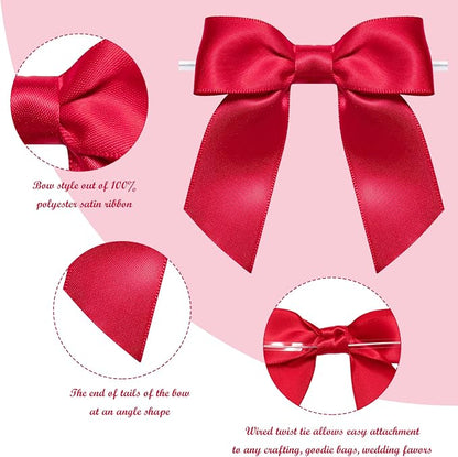 WRAPAHOLIC 30 Pcs 3" Red Satin Ribbon Bows with Twist Tie - Pretied Premade Craft Bows for Christmas Party Crafts Treat Bags Gift Wrapping Wedding Birthday Baby Shower