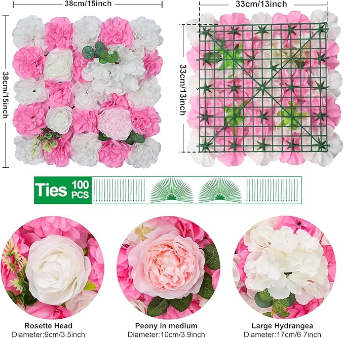 Flower Wall Backdrop 9pcs 16.5x16.5 Inch Flower Wall Decor Artificial Floral Wall Panel Ideal for Wedding Celebrations, Festive Party Birthday Backdrops and Elegant Home Decor