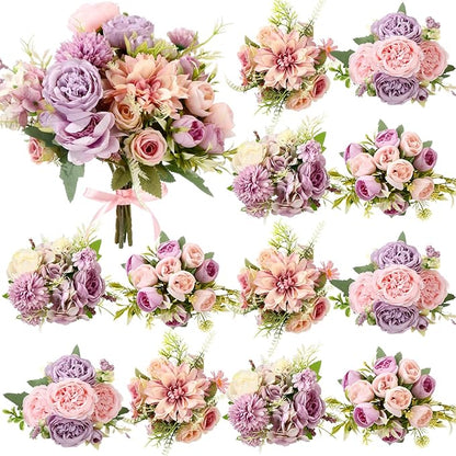 Zeyune 12 Bundles Artificial Peonies Flowers Artificial Silk Rose Faux Dahlia Fake Chamomile Hydrangea Bouquet Bulk for Vase Home Wedding Centerpiece Party Decoration(Lavender Blush,Misty Lavender)