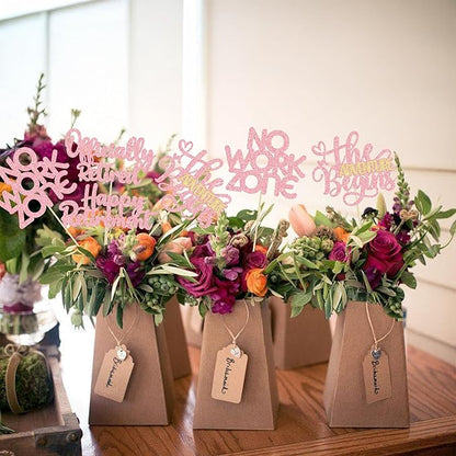 Ephlyn 16Pcs Happy Retirement Centerpiece Sticks Officially Retired Table Flower Centerpieces Sticks No Work Zone Floral Decorations for Farewell Birthday Party Centerpieces Supplies Pink