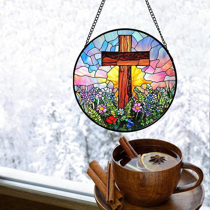 Christian Gifts for Women - Cross Stained Glass Window Hanging Jesus Easter Colorful Wildflowers Sun Catcher Garden Religion Decor Mother's Day Catholic Gift for Men Grandma Mom Her 7.8"