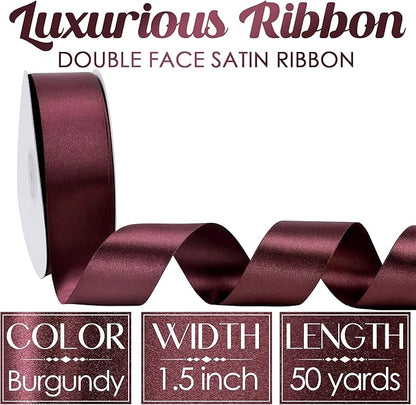 MEEDEE Burgundy Satin Ribbon - 1-1/2 inch Wide, Double Faced, 50 Yards for Christmas Tree, Crafts, Weddings, Flower Bouquets