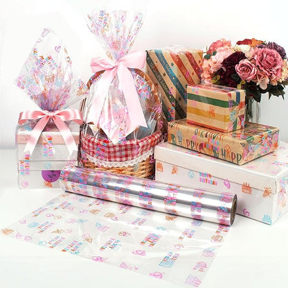 JOYIT Happy Birthday Cellophane Wrap Roll (35'' Wide X 50 FT Long) - 3 Mil Thick Clear Cellophane Roll, Birthday Cellophane Bags Large, Wrapping Paper for Flower Gift Baskets Wrap (35" fold into 17.5")