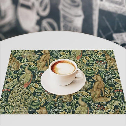 William Morris Floral Animal Placemats Set of 6, Vintage Botanical Plant Birds Rabbit Place Mats, Heat Resistant Non Slip Cotton Linen Dining Table Mats for Home Kitchen Party 18x12 Inch