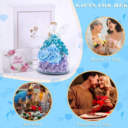 Beferr Christmas Birthday Gifts for Women, Mom Gifts for Christmas Fresh Flowers for Delivery Prime Forever Preserved Rose in Glass Angel Figurine Xmas Gifts for Grandma Wife Sister Her, Light Blue