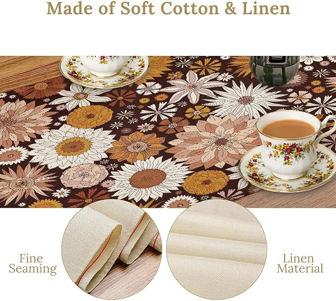 Boho Floral Table Runner, Vintage Country Farmhouse Daisy Flowers Modern Kitchen Dining Room Decoration for Indoor and Outdoor Wedding Party Banquet Table Runner 13x70 Inch
