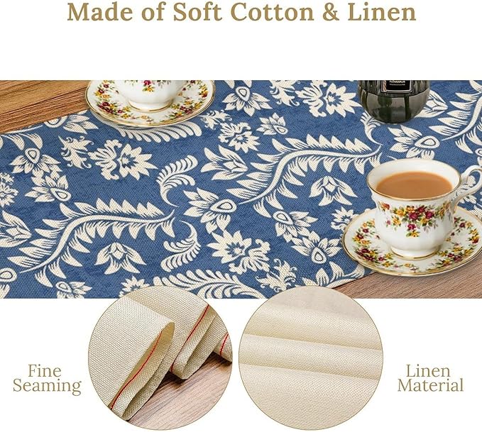 Vintage Floral Table Runner, Rustic Blue White Paisley Flower Boho Farmhouse Decor Table Runner for Kitchen Dining Home Party Decor, 13x60 Inch