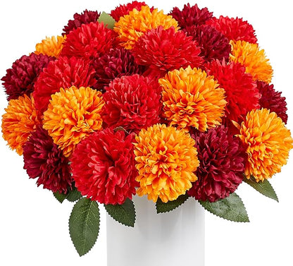 SITUMEIZI 12 Pcs Artificial Chrysanthemums Flowers Ball Flower Fake Mums Silk for Wedding Home Kitchen Decoration Floral Arrangement(Burgundy,Red,Orange)