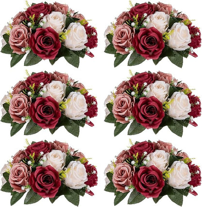 Nuptio Artificial Flower Centrepieces for Tables - 6 Pcs Burgundy & Dusty Rose & Creamy White Fake Flowers Roses Balls 9.5in Diam - Silk Faux Rose Arrangement for Wedding Party Centerpiece Table Decor