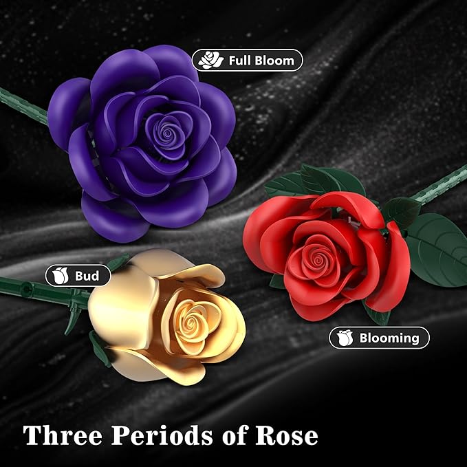 Rose Bouquet Flowers Building Set, 501Pcs Red Purple Golden Roses Artificial Flowers Botanical Collection Compatible with Lego Flowers Home Office Table Decor Valentines Day Xmax Gifts for Mom Women