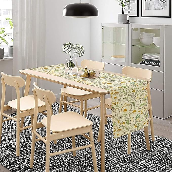 Wild Mushroom Table Runner, Vintage Botanical Rustic Retro Wildflower Herbs Plants Green Mushroom Table Cover for Home Kitchen Dining Decor Indoor Outdoor Party, 13x60inch