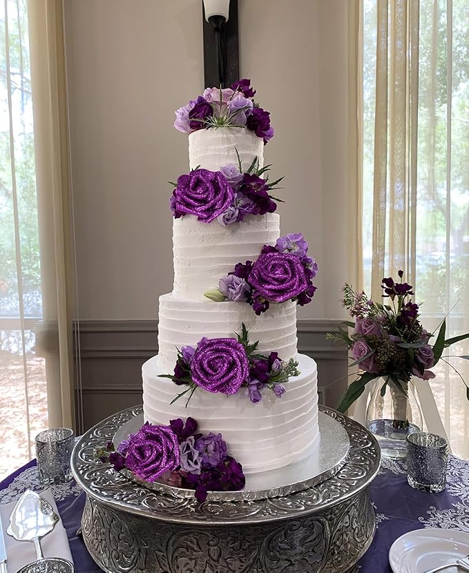 Foam Roses,50PCS Purple Glitter Roses Artificial Flowers 2.76" Fake Roses with Stem for Wedding Christmas DIY Wreath Home Table Floral Arrangement(Purple)