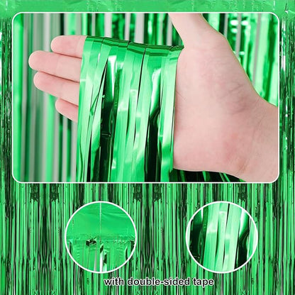 2 Pack 3.28 ft x 6.56 ft Green Tinsel Curtain Party Backdrop Decorations, Metallic Foil Fringe Backdrop Door for Halloween, Christmas, Birthday Graduation Wedding Party Streamers Photo Backdrop.
