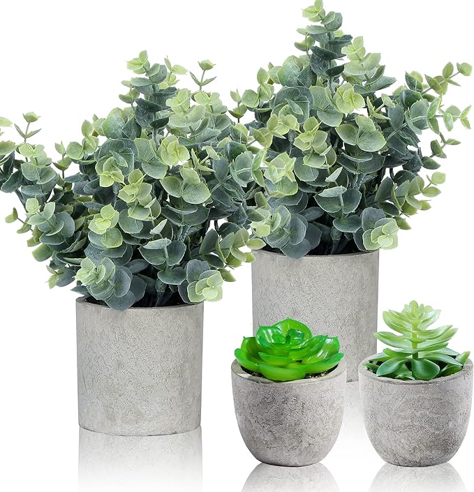 Flojery Small Fake Plants Eucalyptus Potted Mini Potted Plants Artificial Eucalyptus Boxwood Rosemary Greenery in Pots Faux Potted Herbs Small House Plants for Indoor Greenery Tabletop Set of 4